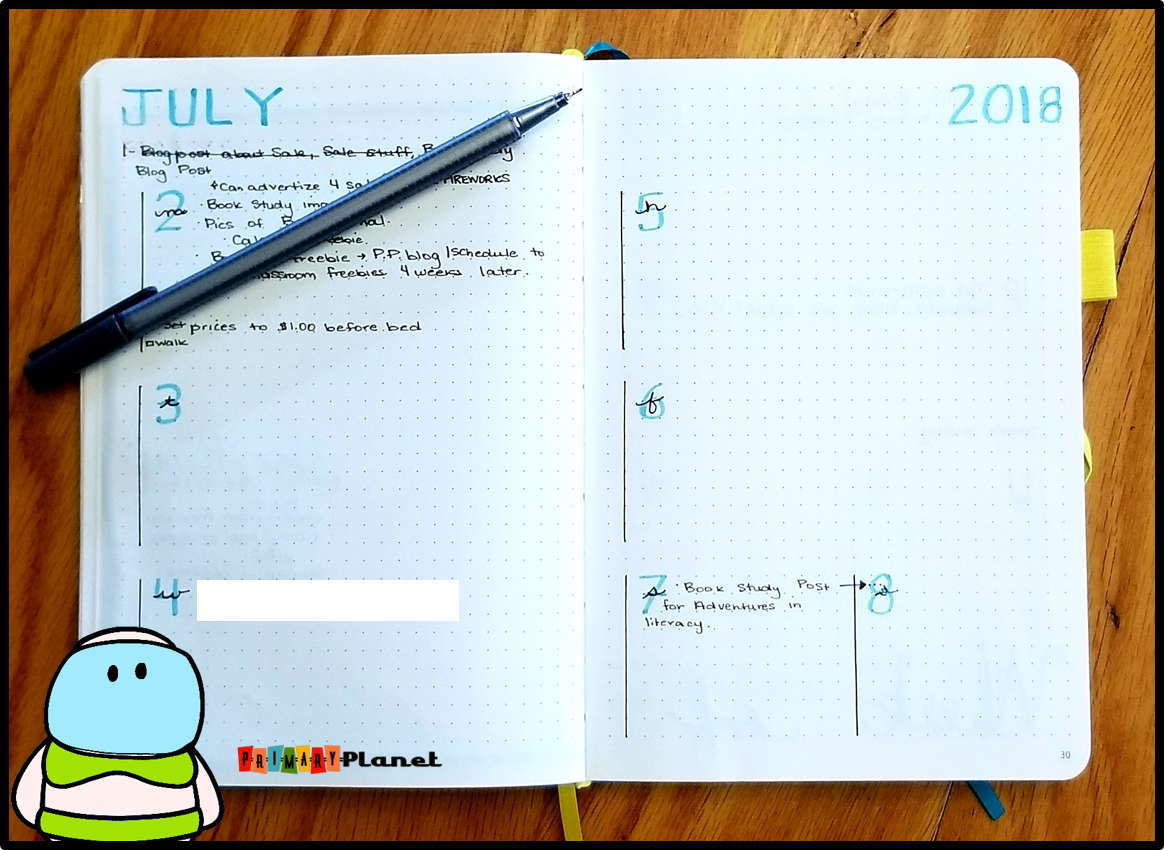 My Teacher bullet journal post!  I am showing you how I keep it all together!  I will show you my layout, my weekly spreads, my collections, and how I use it to organize my whole life!  I don't lesson plan in my bullet journal.  This post also contains a calendar freebie for you to download and print! #bulletjournal #teachers #planner #primaryplanet